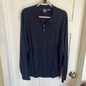 100% Italian Merino Wool Sweater XXL Navy Ribbed 3-Button Polo
